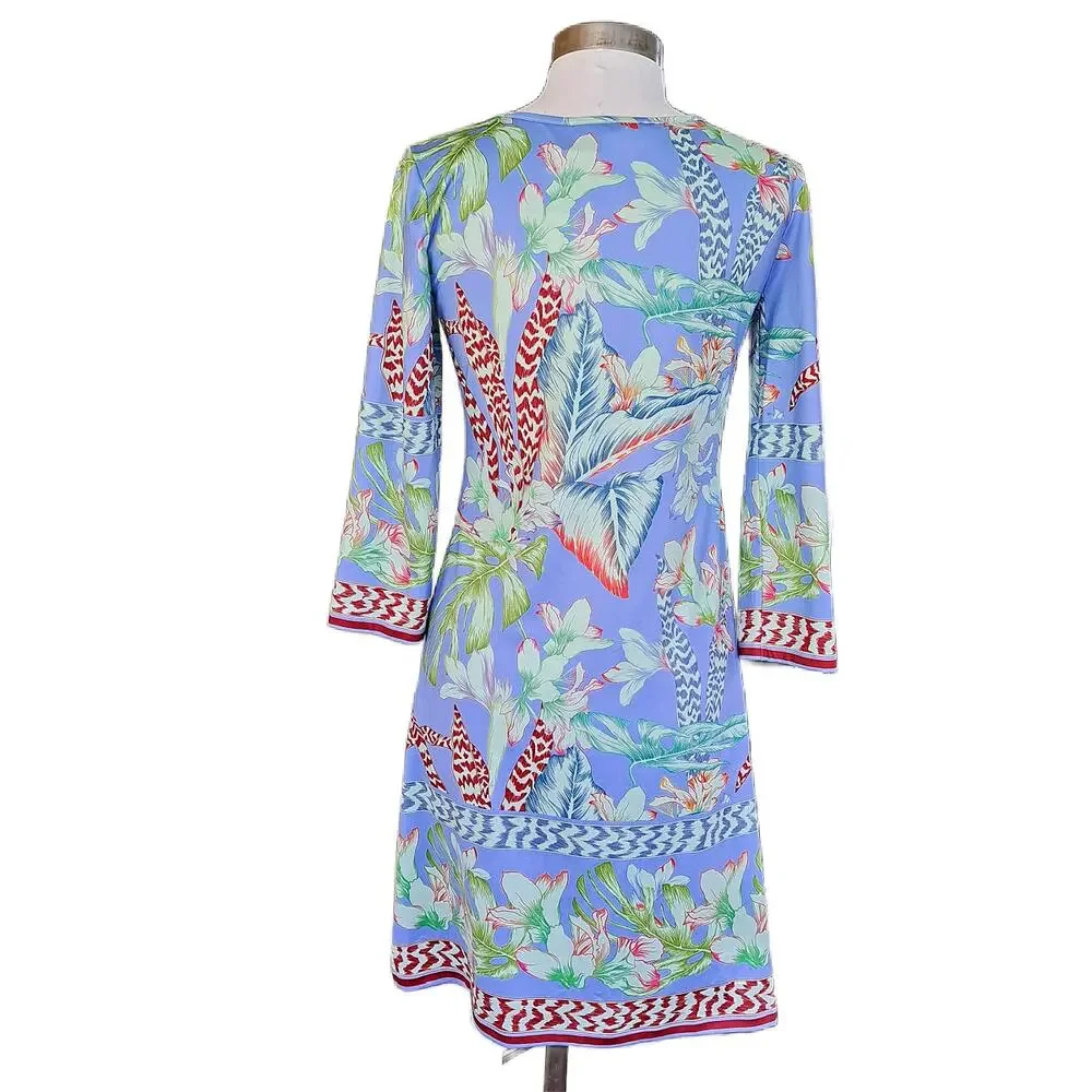 Jean-Peirre Klifa Paris Tropical Floral Print Dress Small 3/4 Sleeve Blue - Picture 4 of 9